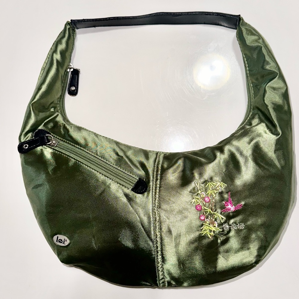 Vintage Y2K lei shiny Military purse embroidered colorful flowers & pretty bird - Picture 2 of 9